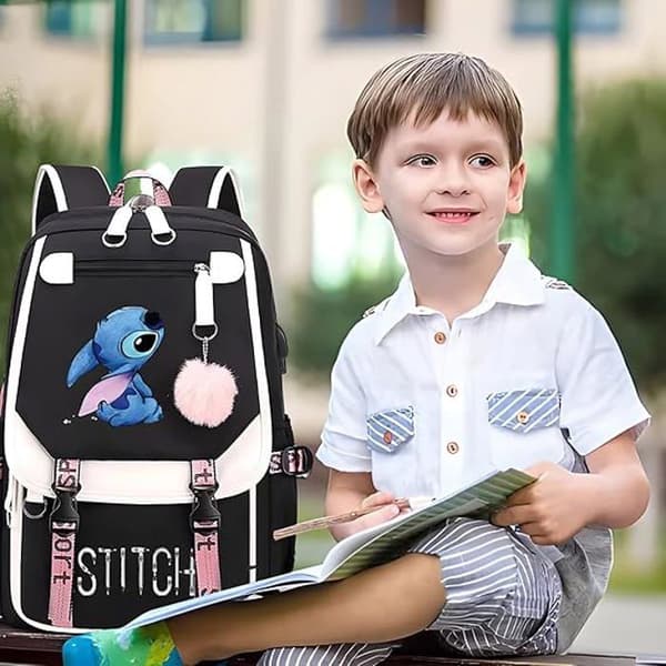 Stitch Drawing USB-skoleväska, ryggsäck med stor kapacitet, trendig tecknad ryggsäck, rosa och blå ledig ryggsäck