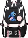 Miniatyrbild 6 av 6: Stitch Drawing USB-skoleväska, ryggsäck med stor kapacitet, trendig tecknad ryggsäck, rosa och blå ledig ryggsäck