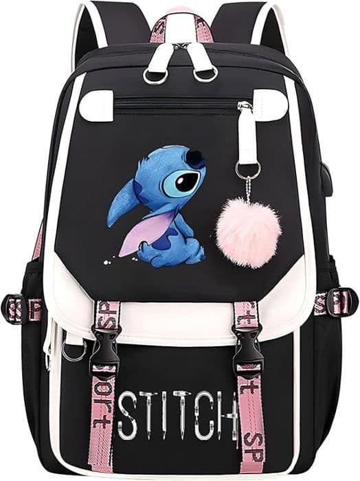 Stitch Drawing USB-skoleväska, ryggsäck med stor kapacitet, trendig tecknad ryggsäck, rosa och blå ledig ryggsäck