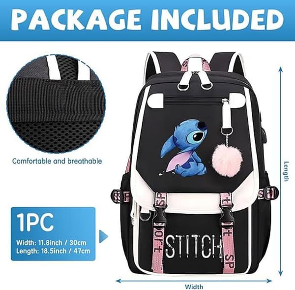 Stitch Drawing USB-skoleväska, ryggsäck med stor kapacitet, trendig tecknad ryggsäck, rosa och blå ledig ryggsäck