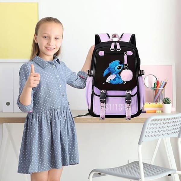 Stitch-ryggsäck, barnryggsäck, skolryggsäck, skolryggsäck, för barn tonåringar med 2 USB-enheter, lila