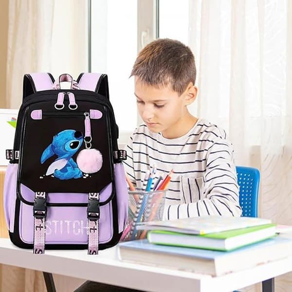 Stitch-ryggsäck, barnryggsäck, skolryggsäck, skolryggsäck, för barn tonåringar med 2 USB-enheter, lila