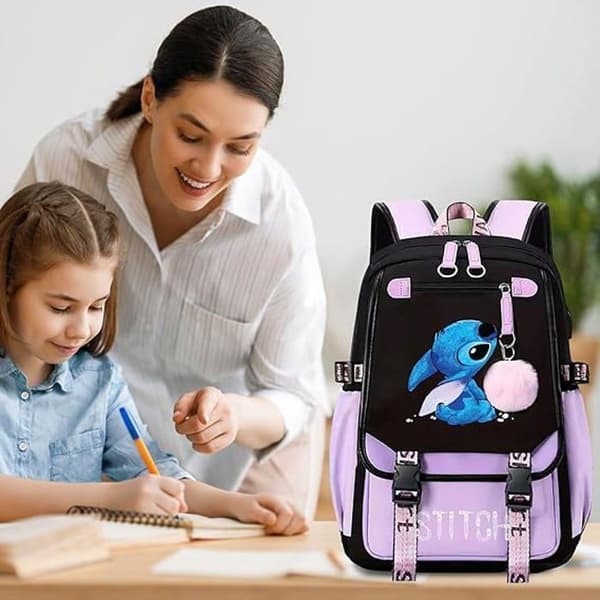 Stitch-ryggsäck, barnryggsäck, skolryggsäck, skolryggsäck, för barn tonåringar med 2 USB-enheter, lila