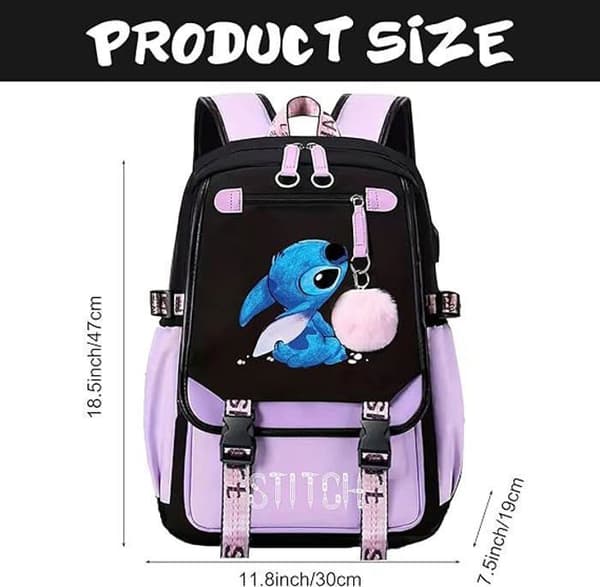 Stitch-ryggsäck, barnryggsäck, skolryggsäck, skolryggsäck, för barn tonåringar med 2 USB-enheter, lila