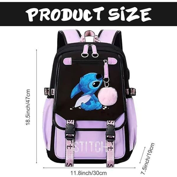 Stitch-ryggsäck, barnryggsäck, skolryggsäck, skolryggsäck, för barn tonåringar med 2 USB-enheter, lila