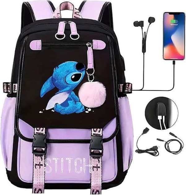 Stitch-ryggsäck, barnryggsäck, skolryggsäck, skolryggsäck, för barn tonåringar med 2 USB-enheter, lila