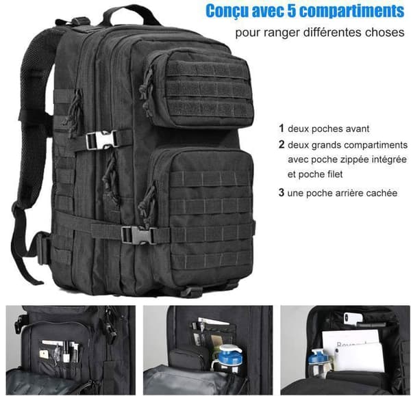 Slitstark ryggsäck, 45L multifunktionsryggsäck Skolväska Military Shoulder Crossbody Travel Retro Oxford-tyg -svart