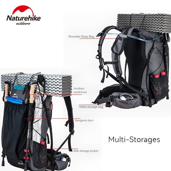 Naturehike Vandringryggsäck, 60L Kapacitet, Tåligt Tyg,60L Svart