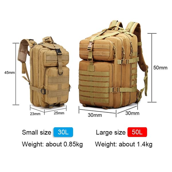 Taktinen reppu 50L, kestävä nylon, mukava muotoilu,50 litraa khaakinväristä