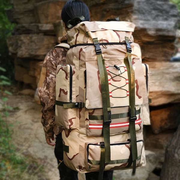 130L Ulkoilureppu, Unisex Pehmeäselkäinen Muotoilu, Sateensuoja Mukana,Khaki