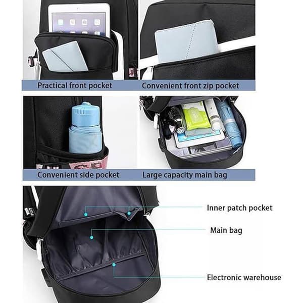 Stitch-ryggsäck för barn, skolryggsäck, skolryggsäck för flickor, med USB och söta sömmar, blå+svart