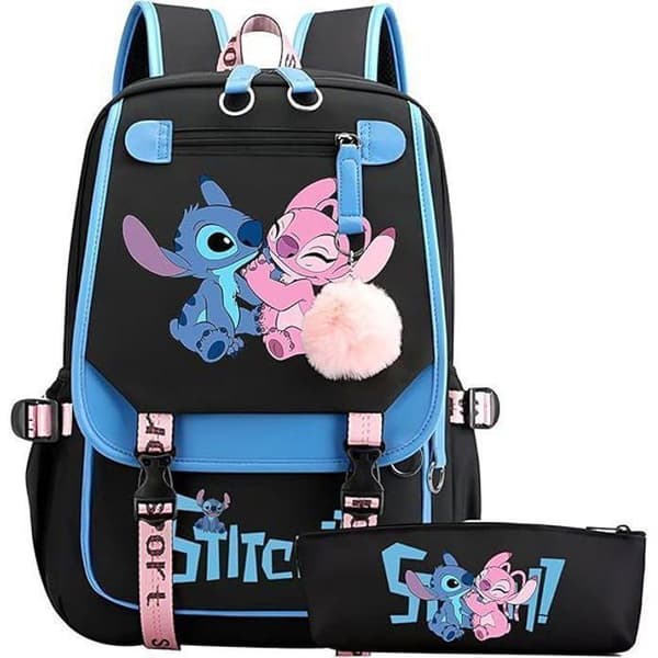 Stitch-ryggsäck för barn, skolryggsäck, skolryggsäck för flickor, med USB och söta sömmar, blå+svart