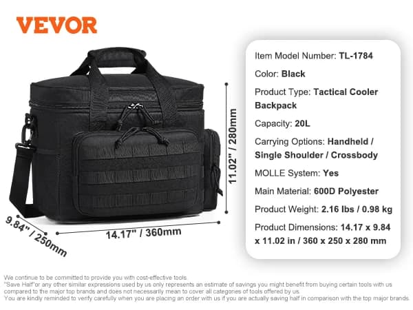 VEVOR Taktisk Rygsæk, 25L Kapacitet, MOLLE System,20L Køleskab