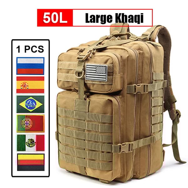 Monitoiminen sotilasvaellusreppu, 50L kapasiteetti, kestävä 900D nylon,50L Khaqi
