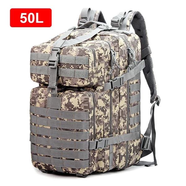 Stort kapacitet taktisk rygsæk, vandtæt 1000D nylon, komfortabel pasform,ACU Grå (50L)