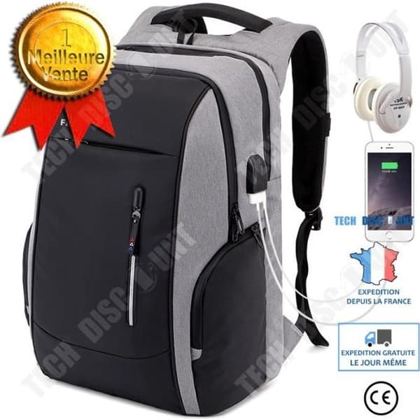 TD® Laptop Ryggsäck 17,3 tums Stöldskyddsväska för män med två USB-portar Grå
