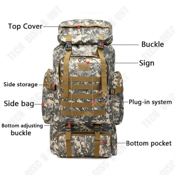 TD® Utomhusryggsäck kamouflagevandring duffelväska vandring stor herrryggsäck camping resväska kapacitet 56-75L