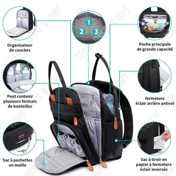 TD Mumieryggsäck med stor kapacitet 42x30x16CM svart axel Multifunktionell vattentät ryggsäck Maximal belastningskapacitet 15 kg