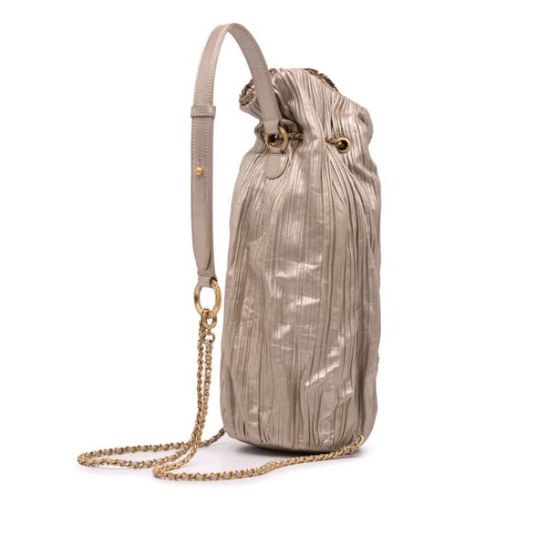 Pre-owned Chanel Medium Metallic Calfskin Coco Pleats Drawstring Backpack Gold
