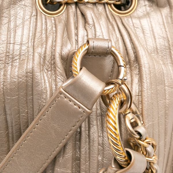 Pre-owned Chanel Small Metallic Calfskin Coco Pleats Drawstring Backpack Gold