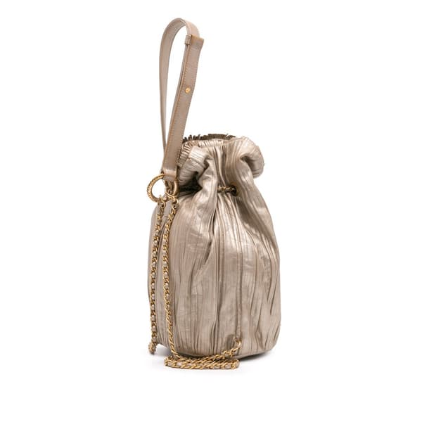 Pre-owned Chanel Small Metallic Calfskin Coco Pleats Drawstring Backpack Gold