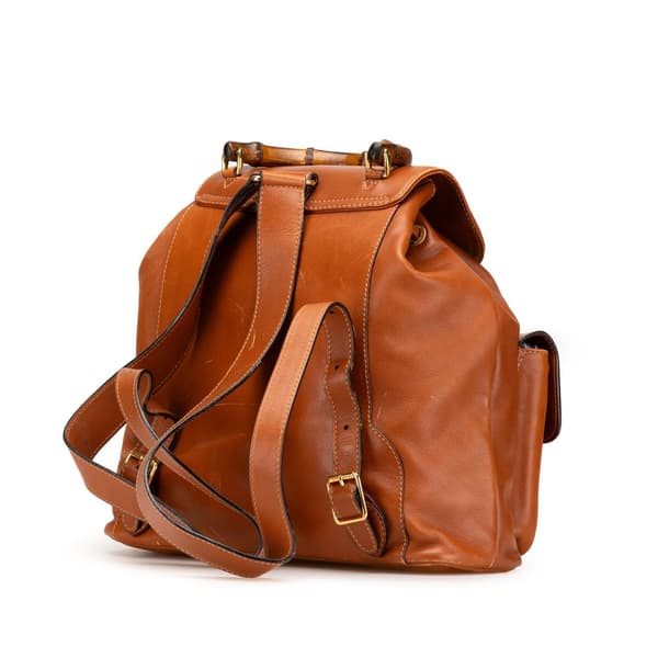 Pre-owned Gucci Leather Bamboo Drawstring Backpack Brown