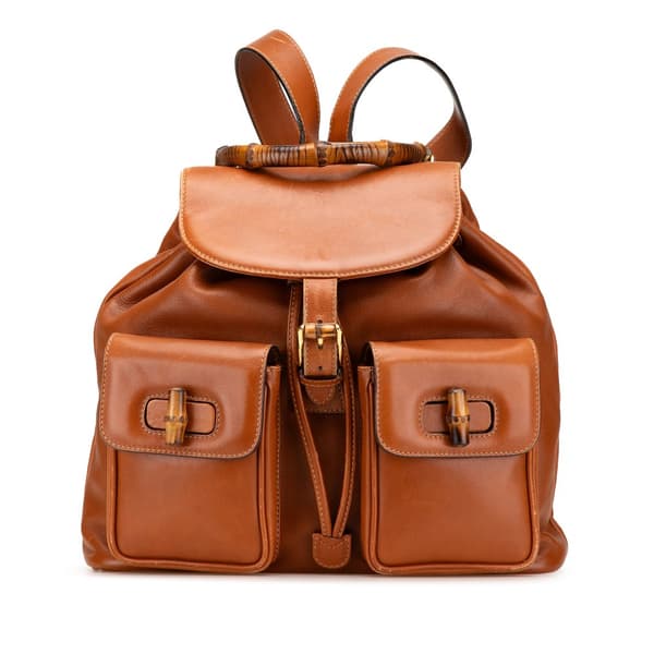 Pre-owned Gucci Leather Bamboo Drawstring Backpack Brown