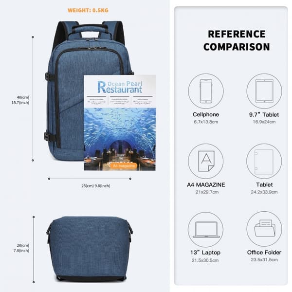 Blå ryggsäck för flygplan 40x20x25 Ryanair Travel Small 20L Kono Expander