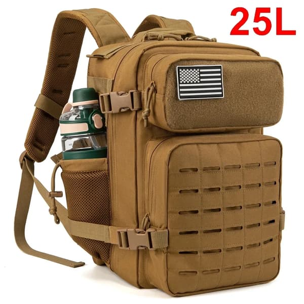 25L Taktinen Reppu Miehille, Kestävä Rakenne, Kaksoismukitelineet,Khaki