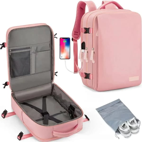 Rejserygsæk, Blødt Oxford Materiale, 36-55 Liter Kapacitet,pink med sko taske