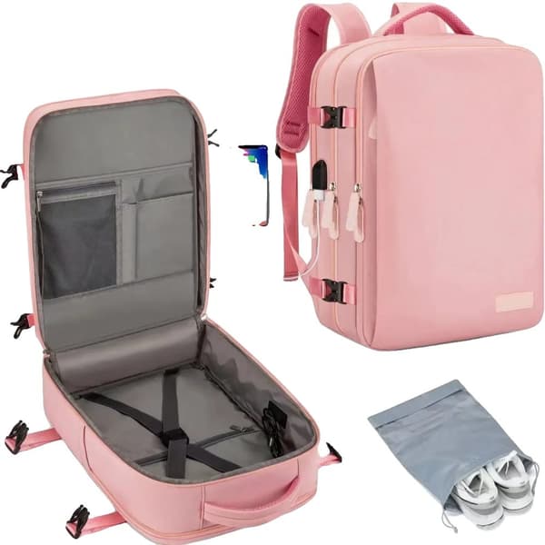 Rejserygsæk, Blødt Oxford Materiale, 36-55 Liter Kapacitet,pink med sko taske