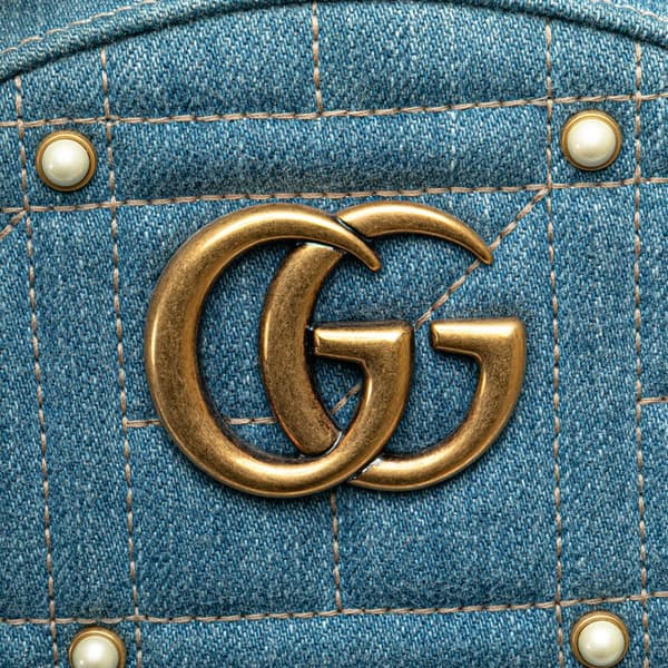 Pre-owned Gucci Small GG Marmont Pearl Denim Backpack Blue
