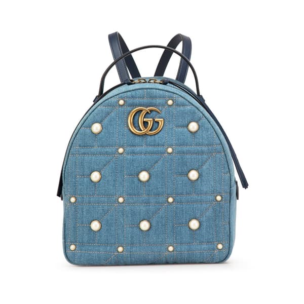 Pre-owned Gucci Small GG Marmont Pearl Denim Backpack Blue