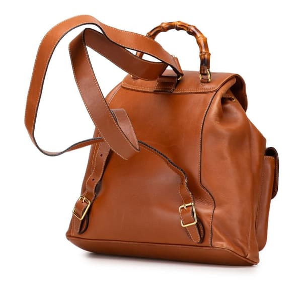 Pre-owned Gucci Medium Calfskin Bamboo Drawstring Backpack Brown