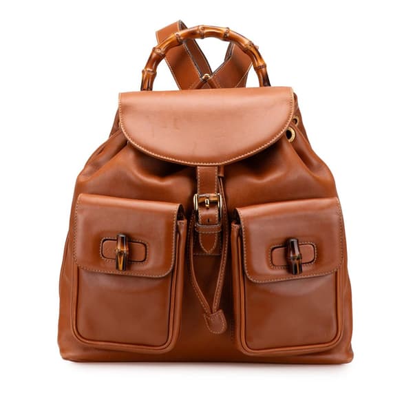 Pre-owned Gucci Medium Calfskin Bamboo Drawstring Backpack Brown