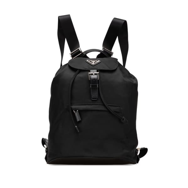 Pre-owned Prada Saffiano Trimmed Tessuto Drawstring Backpack Black