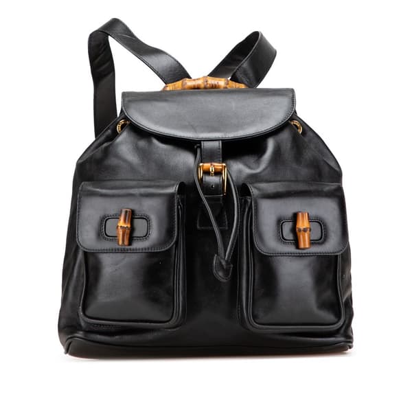 Pre-owned Gucci Calfskin Bamboo Drawstring Backpack Black