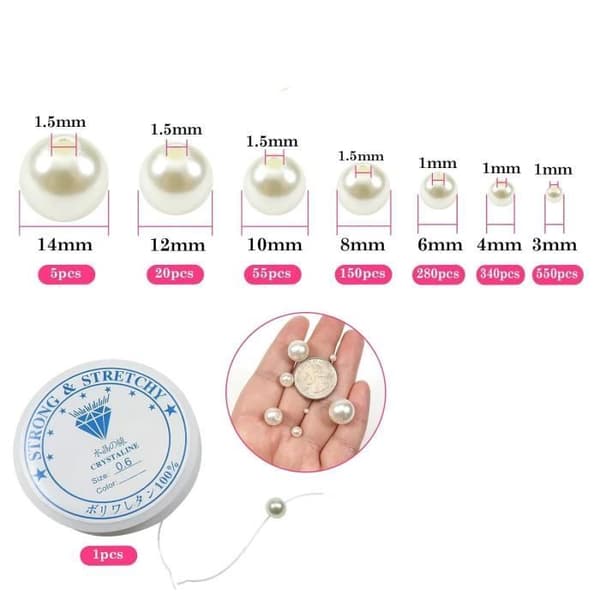 Plastpärlor - Ej specificerad - 1400 stycken - 3 till 14 mm - Vit färg - Rund form