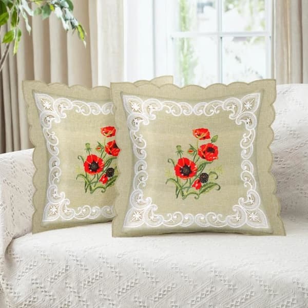 Set med 2 Prydnader 40x40 cm Broderad Blomma Vallmo