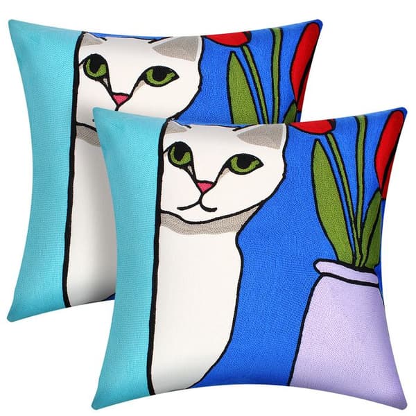 Set med 2 Kuddöverdrag 45x45cm Broderade Art Solaris - vit katt Flerfärgad