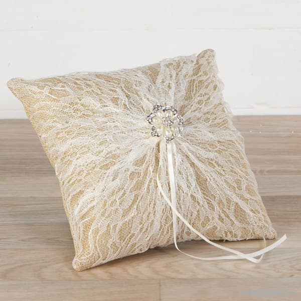 Mopec Cushion - A89 - Burlap Bröllopsringskudde med blonda broschpärlor, 20 x 20 cm, Textil, Flerfärgad