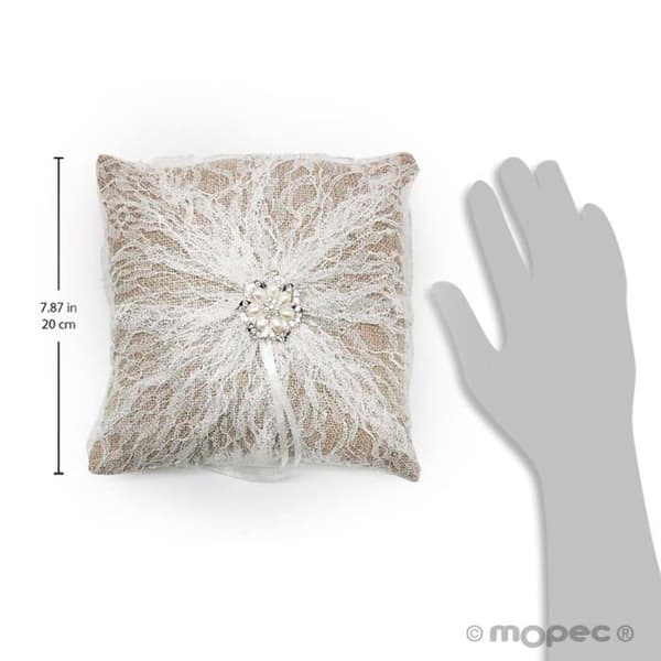 Mopec Cushion - A89 - Burlap Bröllopsringskudde med blonda broschpärlor, 20 x 20 cm, Textil, Flerfärgad