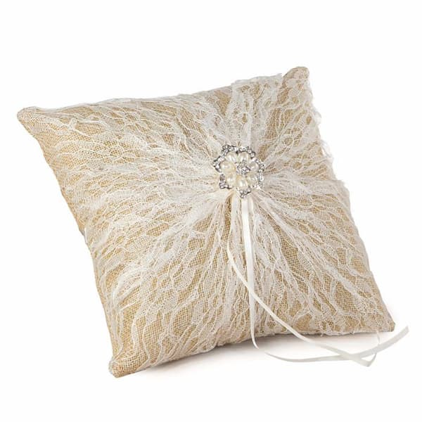 Mopec Cushion - A89 - Burlap Bröllopsringskudde med blonda broschpärlor, 20 x 20 cm, Textil, Flerfärgad