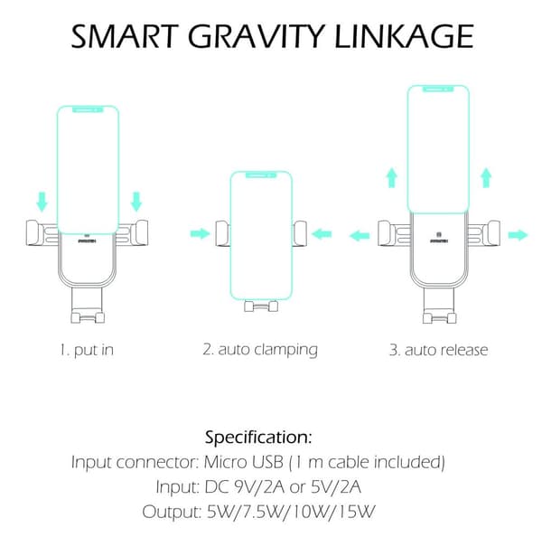Swissten GW1-AV5 Air Vent Car Holder With 15W Wireless Charging + Micro USB Cable 1m
