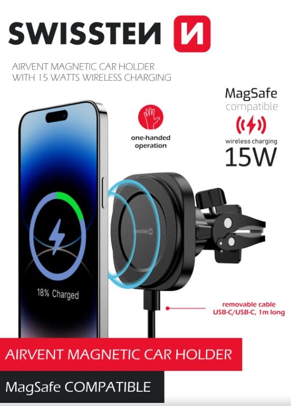 Swissten magnetický držák do ventilace autamagstick compact s bezdrátovým nabíjením 15w/7,5w (kompatibilní s magsafe)