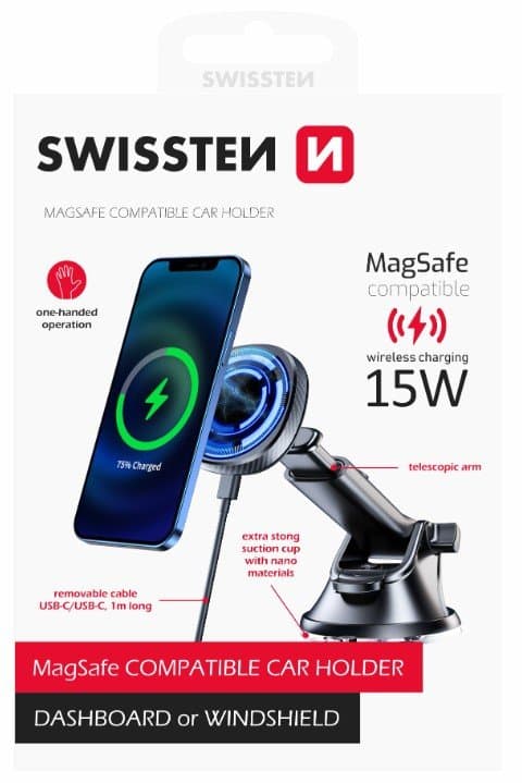 Swissten magnetický držák do auta s bezdrátovým nabíjením 15w dashboard (kompatibilní s magsafe)