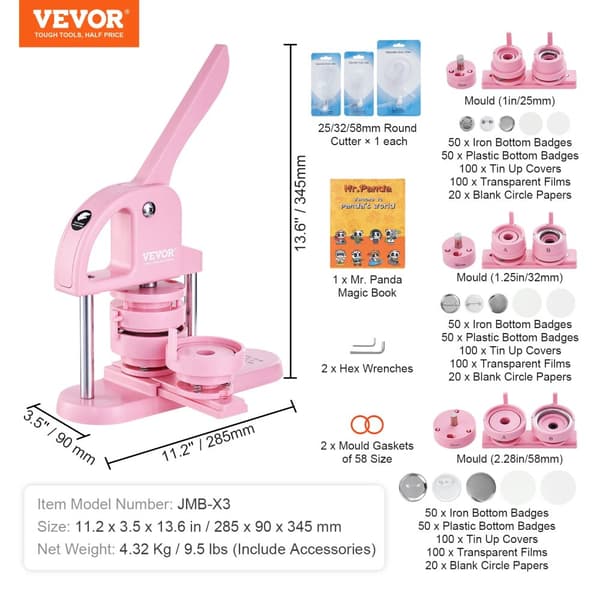 VEVOR Knappemaskine, Ergonomisk Design, Inkluderer Mr. Panda Bog,3i1 Pink