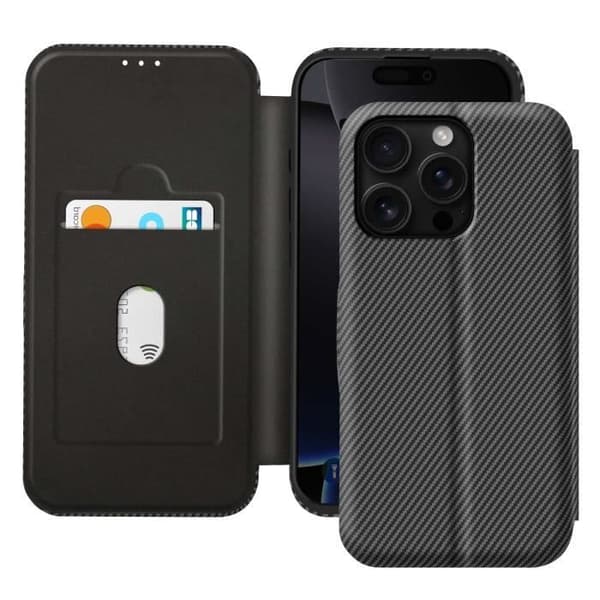 iPhone 16 Pro Max Etui Kolfiber Video Stöd och Anti-RFID Svart