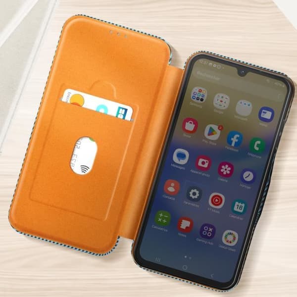 Etui för Samsung A15 Kolfiber Video Stöd och Anti-RFID Blå