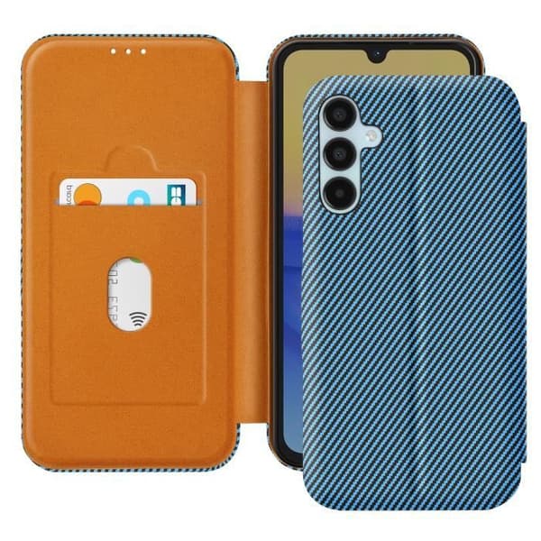Etui för Samsung A15 Kolfiber Video Stöd och Anti-RFID Blå